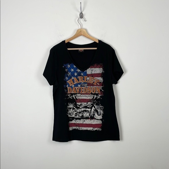 Harley-Davidson Womens 3XL V Neck Bling Rhinestone Graphic Black Pullover Tee - Picture 1 of 11